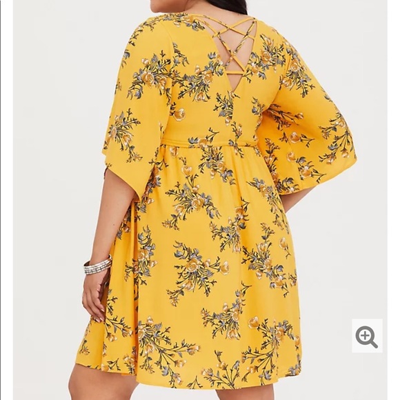 YELLOW FLORAL KIMONO SLEEVE STRAPPY CHALLIS DRESS - Picture 2 of 5
